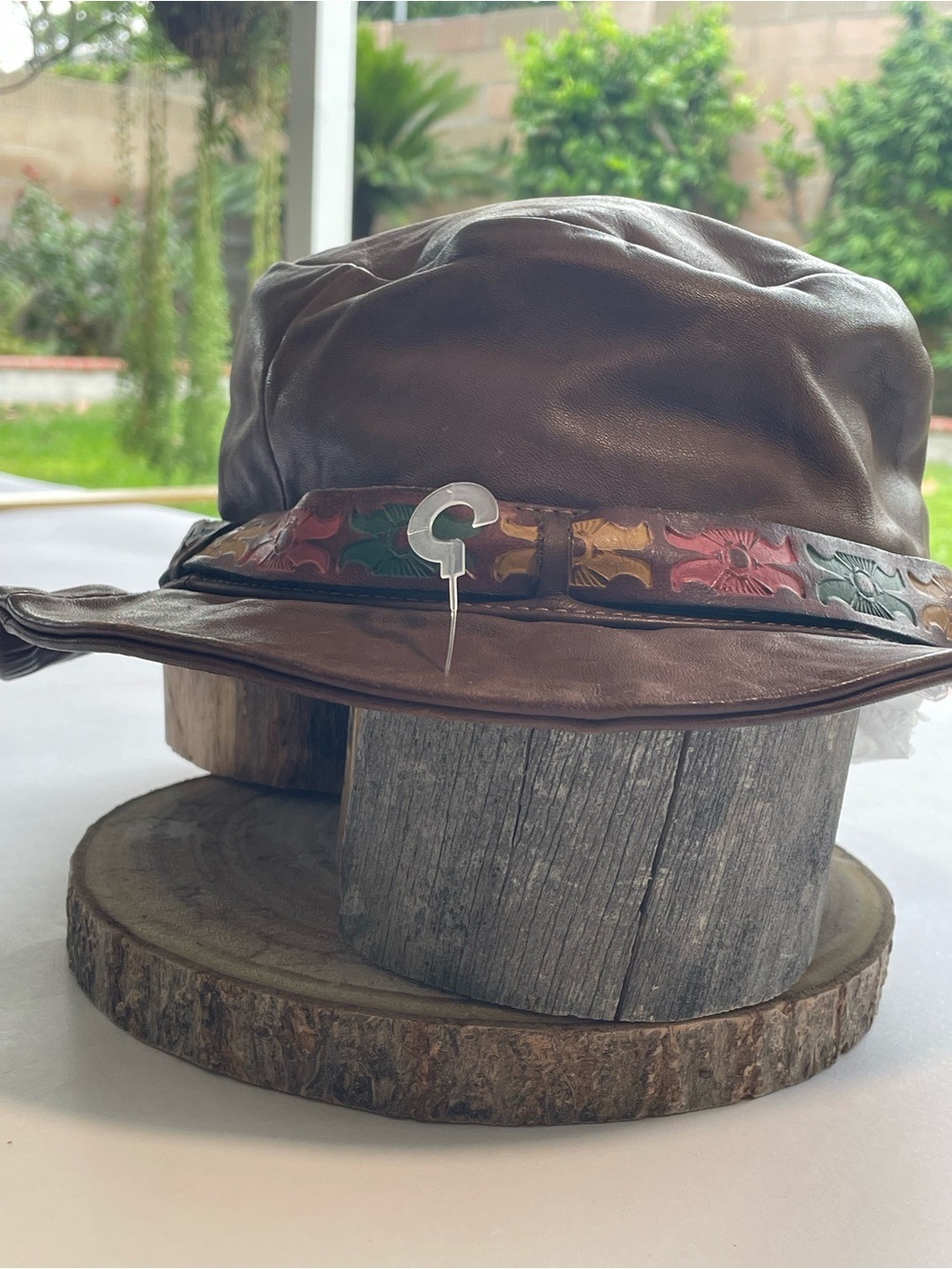 Vintage 70’s Brown Leather Hat with Multicolor Floral Trim - Picture 7 of 13